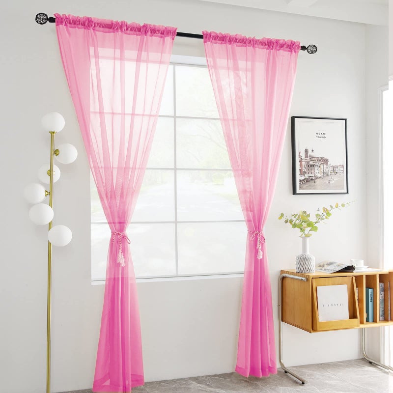 youleyar Solid Sheer Rod Pocket Curtain Voile Draperies 2 Panels White Beige Black Grey Coffee 52 Inch Width 63 Inch Long 1 Pair for Kitchen Bedroom Children Living Room Yard(Pink,52Wx63L) - Image 2